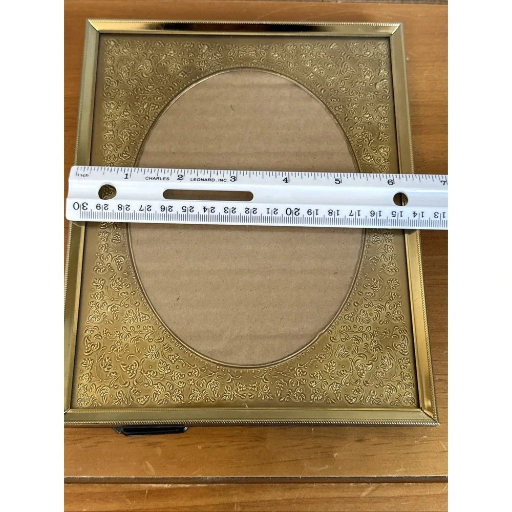 Pair Vtg Gold Tone Metal Picture Frames Embossed Filigree Border Oval Opening