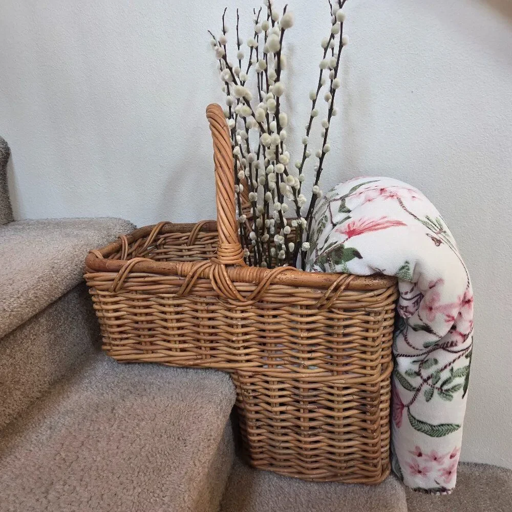 Heritage Stair Step Rattan Basket Hand Woven Wicker Rustic Cottage VTG Country