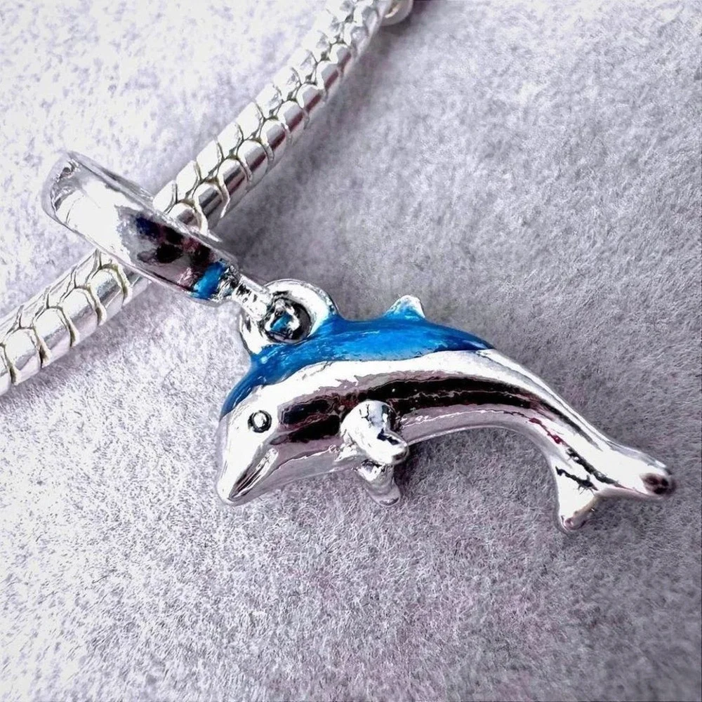 Dolphin Charm Bead Silver Tone Blue Enamel For Pandora Style Bracelets