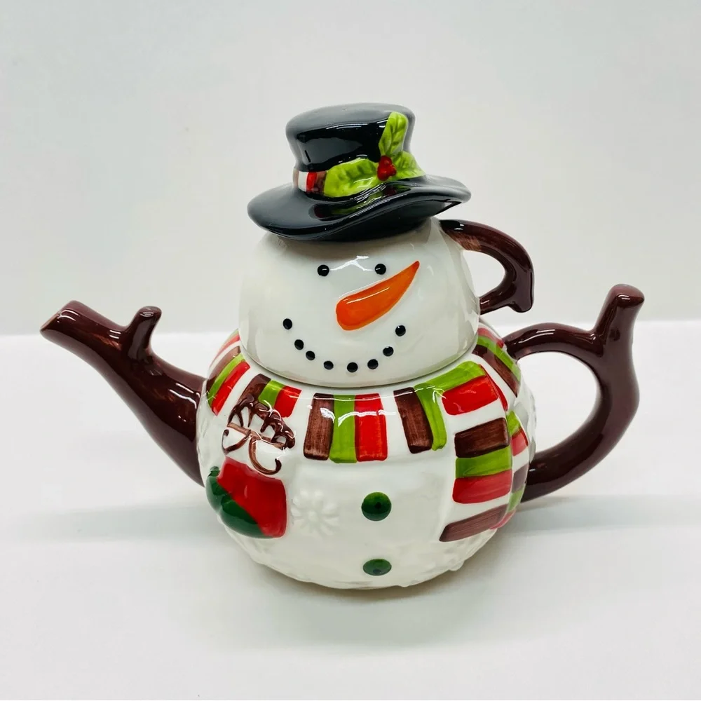 Pier 1 Imports Snowman Teapot Set w/Lid & Cup Tea for One Christmas Holiday