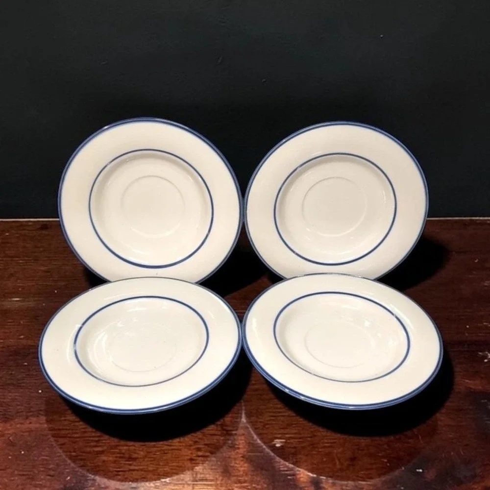 Permastone Stoneware Saucers, Set‎ of 4, Vintage White Plates With Blue Trim