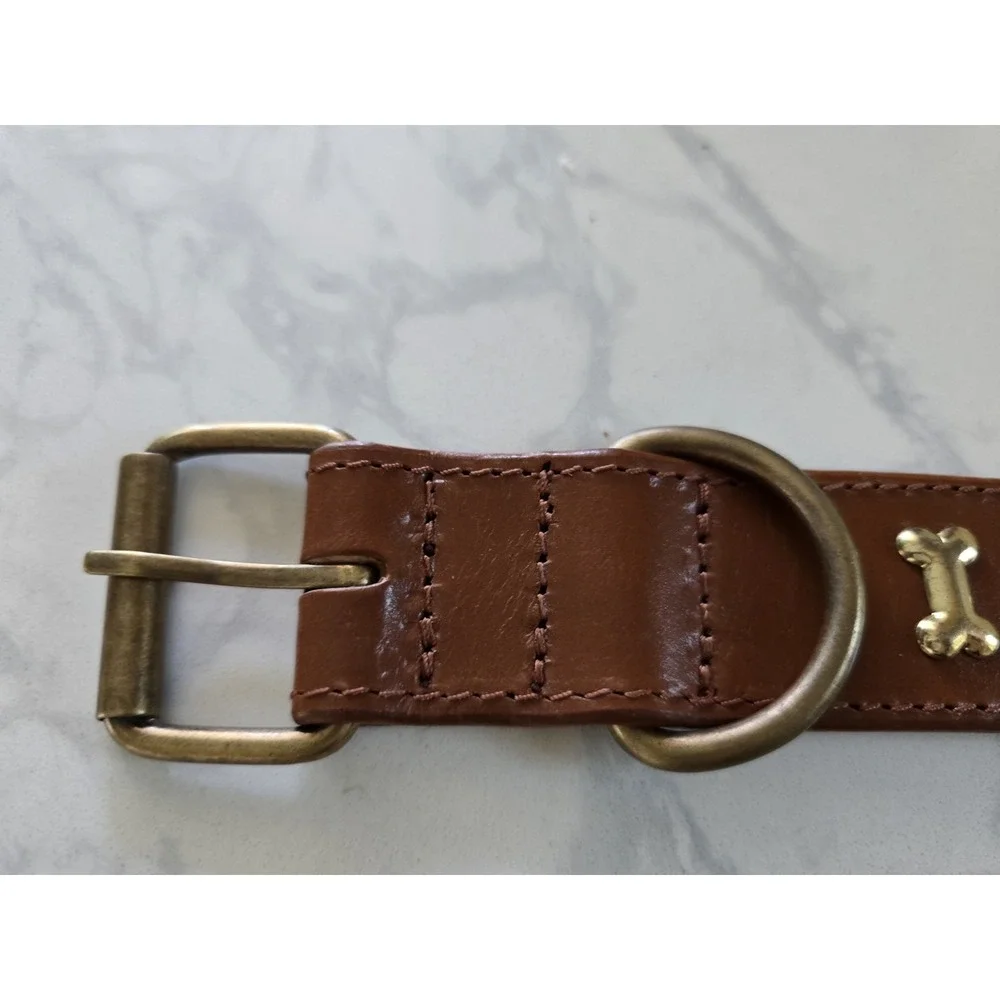 Dog Puppy Lux‎ Gold Metal Bone Collar Brown 24 In New Without Tag