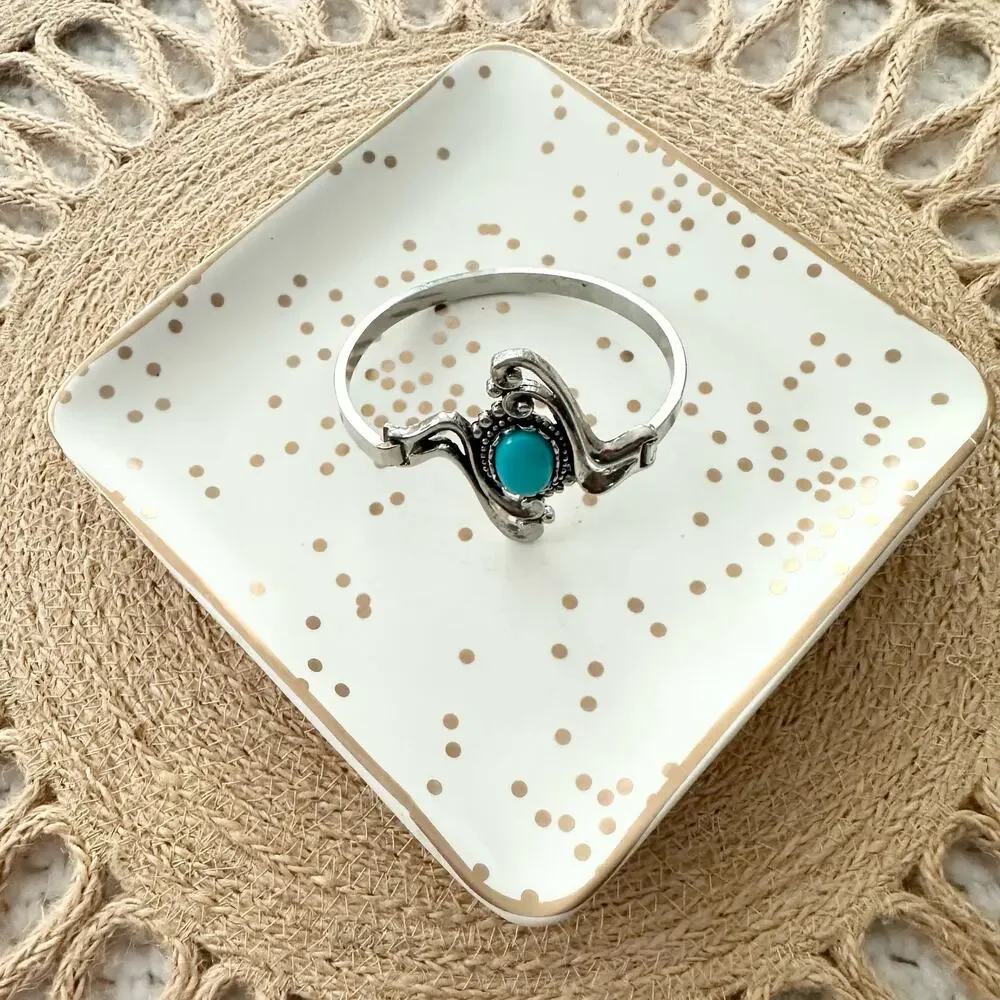 Ege 90 Silver Tone Turquoise Oval Stone Swirl Scroll Hinge Hook Clasp Bracelet