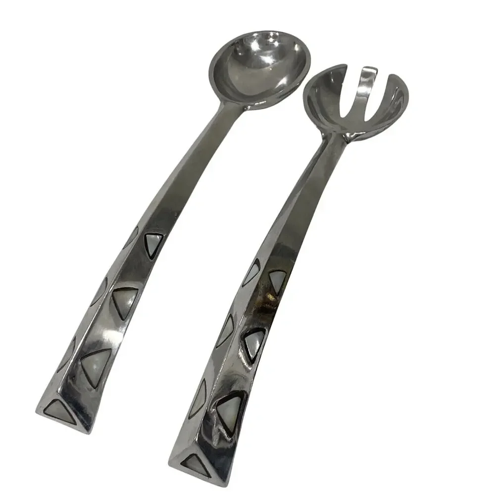 Artisan Silver Serving Fork & Spoon Set White Stone Shell Inlay Made in India