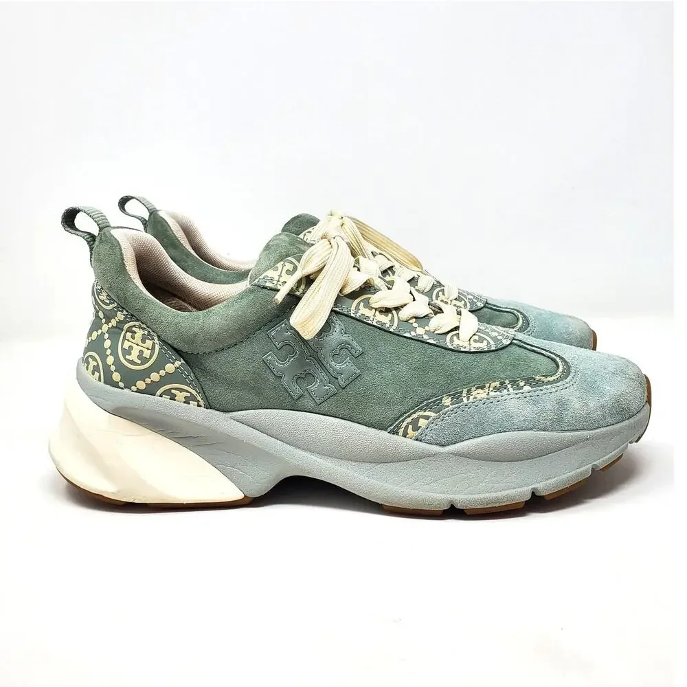Tory Burch T Monogram Good Luck Trainer Suede Sneakers Blue Celadon Size US 9