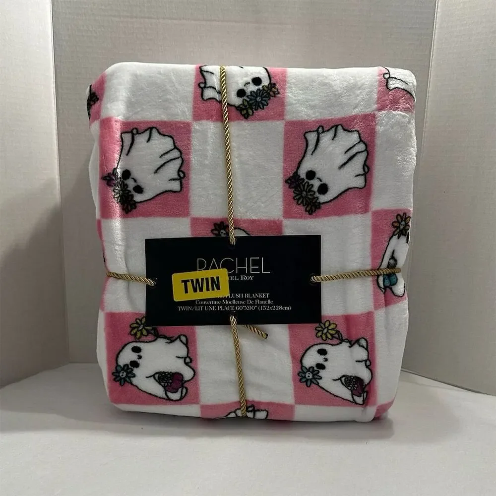 NWT Rachel Roy Pink White Square Ghost Halloween Twin Decorative Throw Blanket