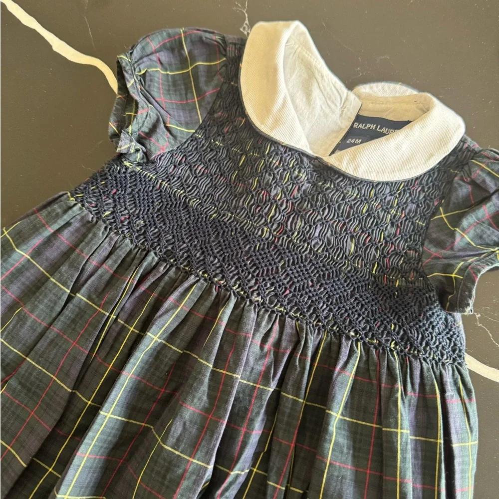 Vintage Blue Label Ralph Lauren Kids Dress with‎ White Collar and Plaid Pattern