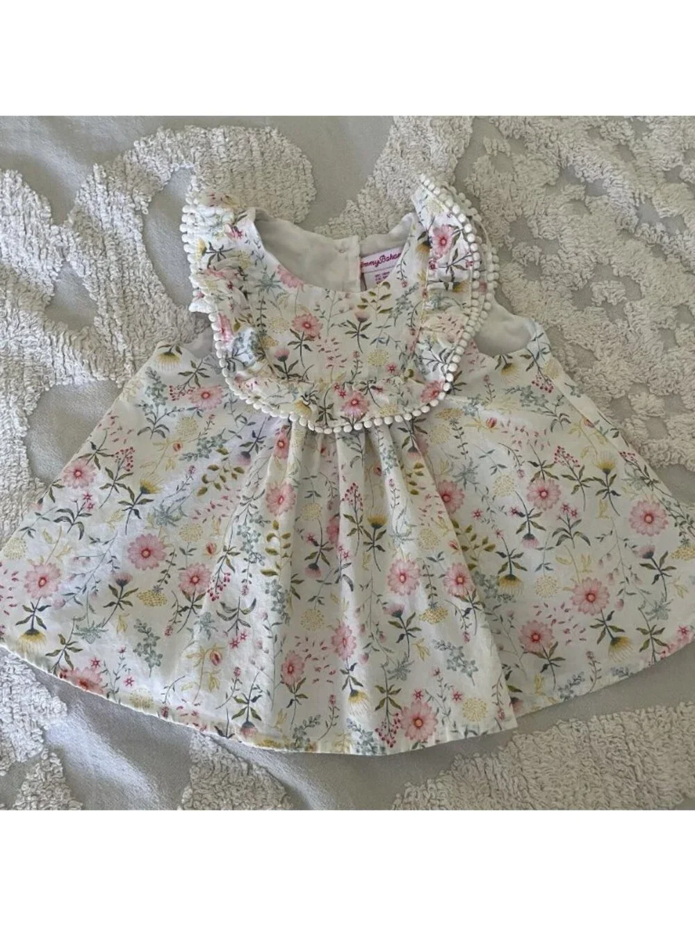 Tommy Bahama Floral Ruffle Dress Baby Girl 18M Pom Pom Trim Pastel Soft Girl