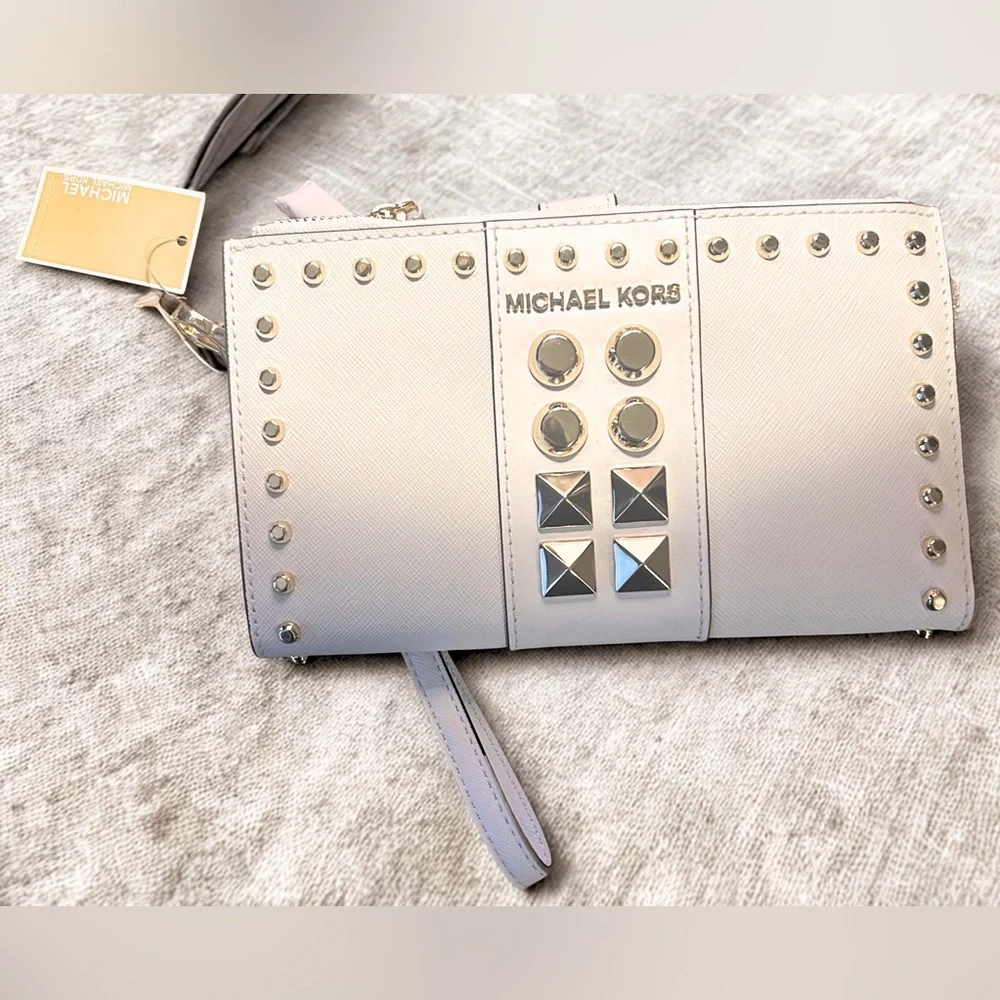 Michael Kors Optic White, Double Zip Leather Wristlet, Designer NWT, Gold Stud