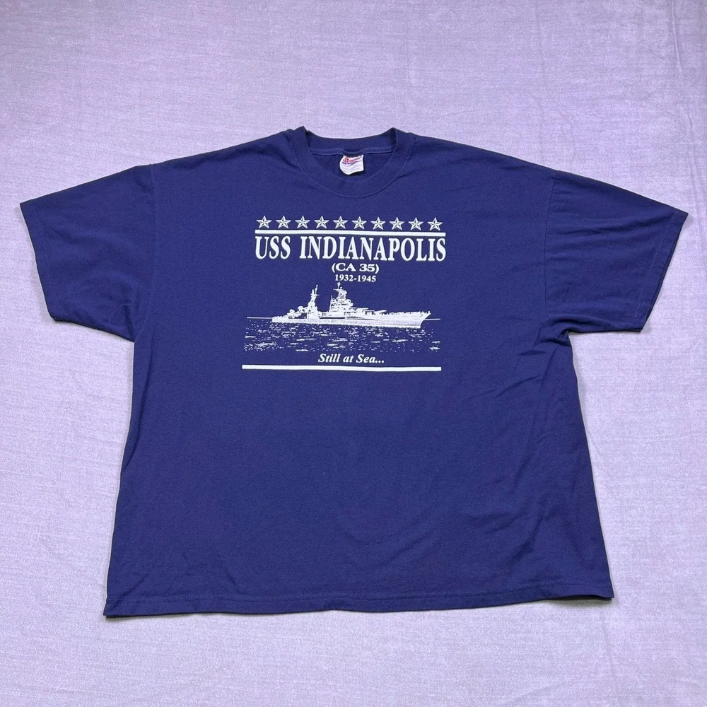 USS Indianapolis CA 35 Fighter Ship Mens Hanes T Shirt Adult XXL Navy‎ Blue