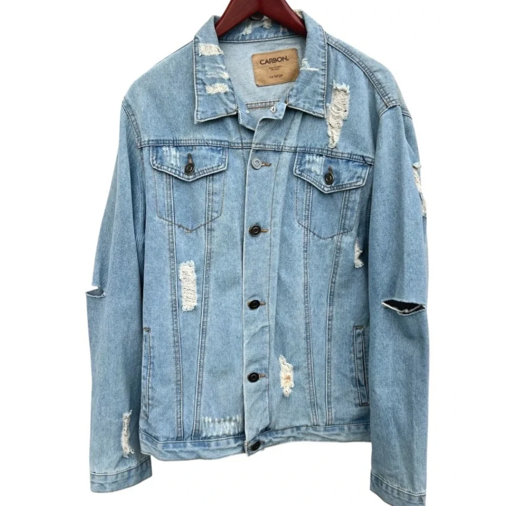 Carbon 2 Cobalt Distressed Denim Jean Jacket Men XXL‎ Trucker Blue Grunge Rugged