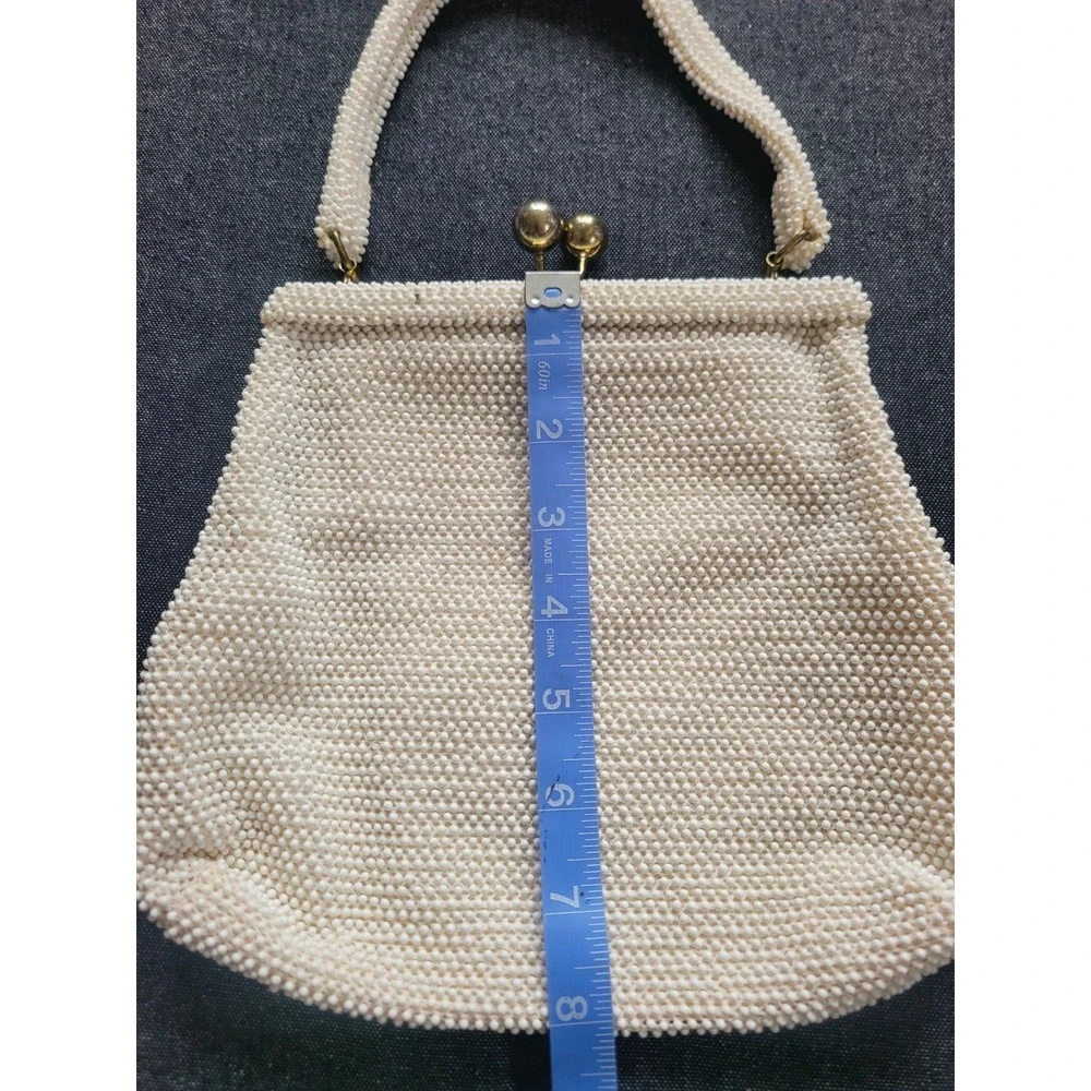 Vintage 50s 60s Corde Lumured Bead White Ivory Kisslock‎ Handbag Purse