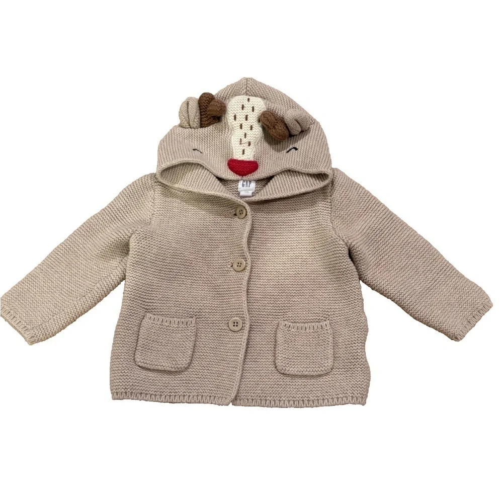 Baby Gap Reindeer Sweater Beige Tan Knit Button Christmas Holiday
