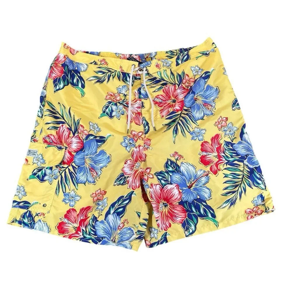 Polo Ralph Lauren Sz 4XL Tall Floral Hibiscus Yellow Hawaiian Swim Trunks Pocket