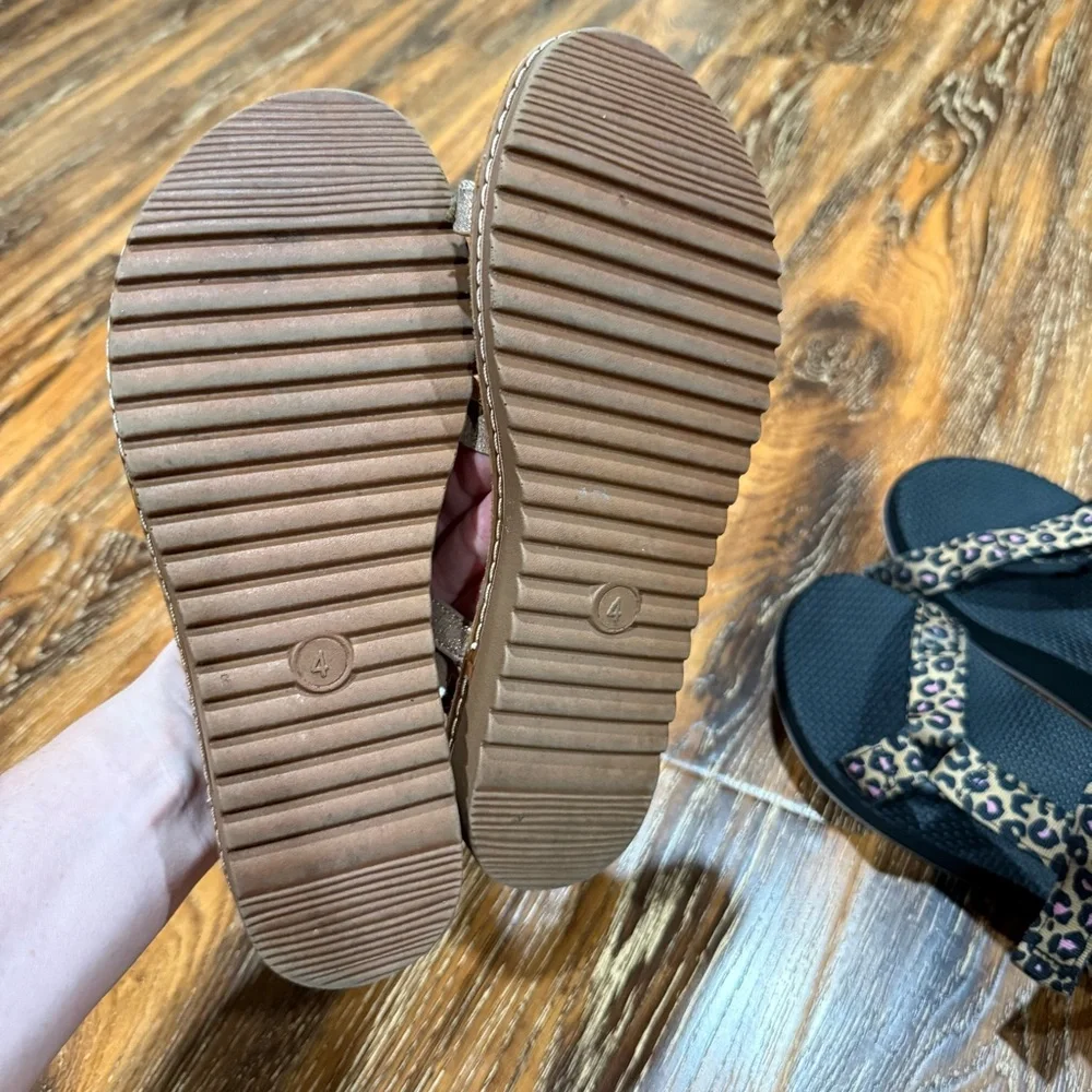 Girls Size 4 Rose Gold Beaded Sandals & Black Leopard-Print Shoes Big Kids