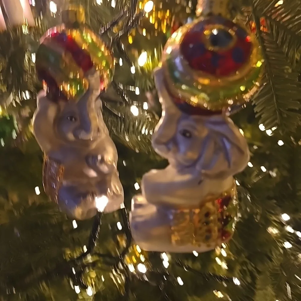VTG Lot Of‎ 2 Christmas Glass Ornament Elephant Circus Style Ball Hat