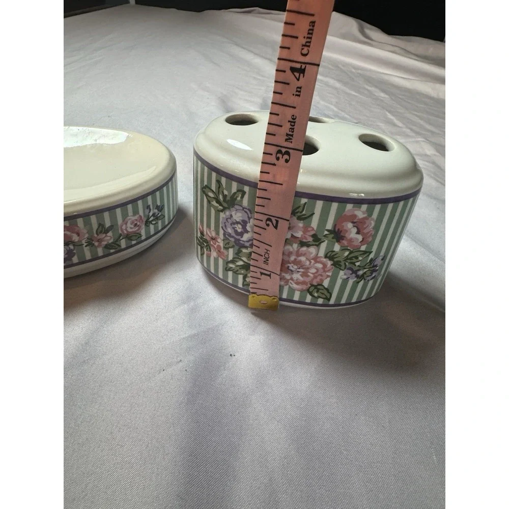 Vintage Floral Ceramic Bathroom Soap Dish and Toothbrush Holder Cottage Core EUC