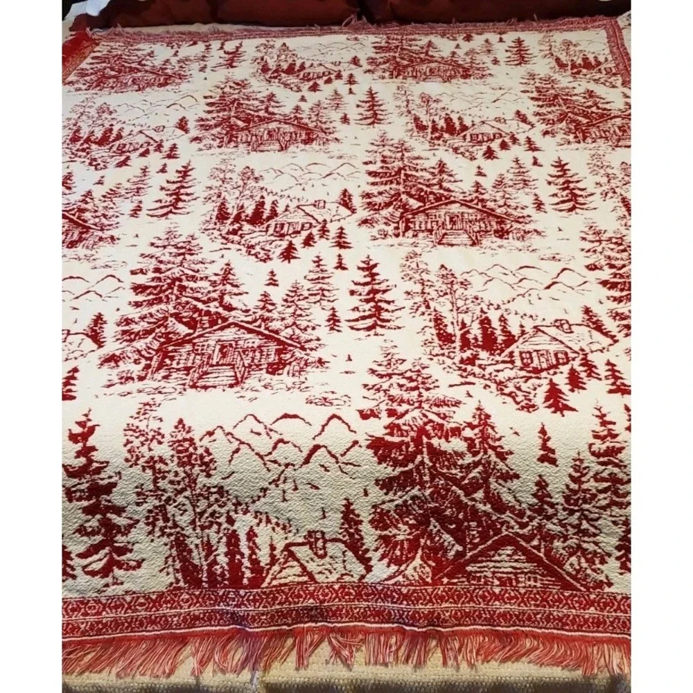 Brooks Brothers Red Chenille Christmas‎ Trees Houses Throw Blanket Fringe 50x70