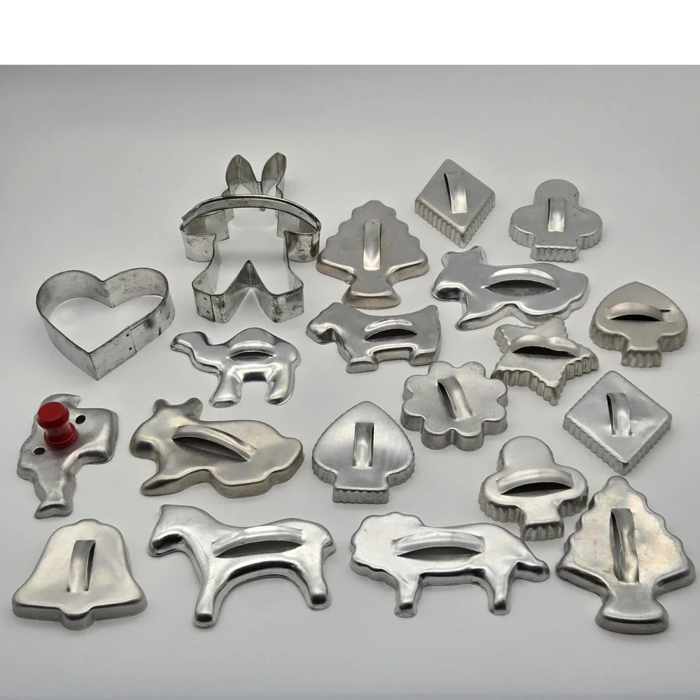 Vintage Aluminum Cookie Cutter Set 20pc Animals Holiday Shapes Silver Metal