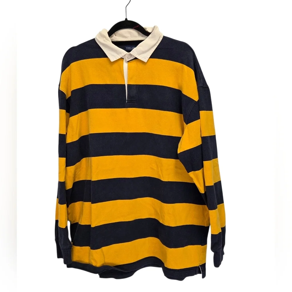 Vintage Y2K John Ashford Rugby Polo Shirt Yellow Blue Striped Size XL Tall