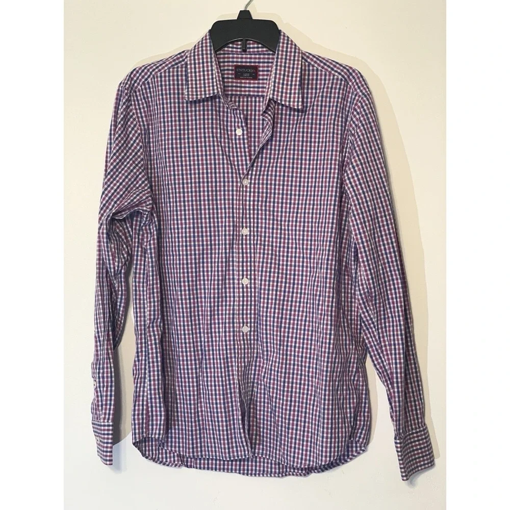 UNTUCKit Mens Large Slim Fit Purple Blue Gingham Check Cotton Button‎ Down Shirt