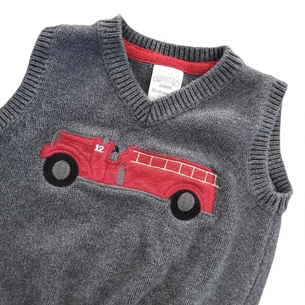 Gymboree Boys Gray Fire Truck Cotton Knit‎ Sweater Vest 12-18 Months Dressed Up