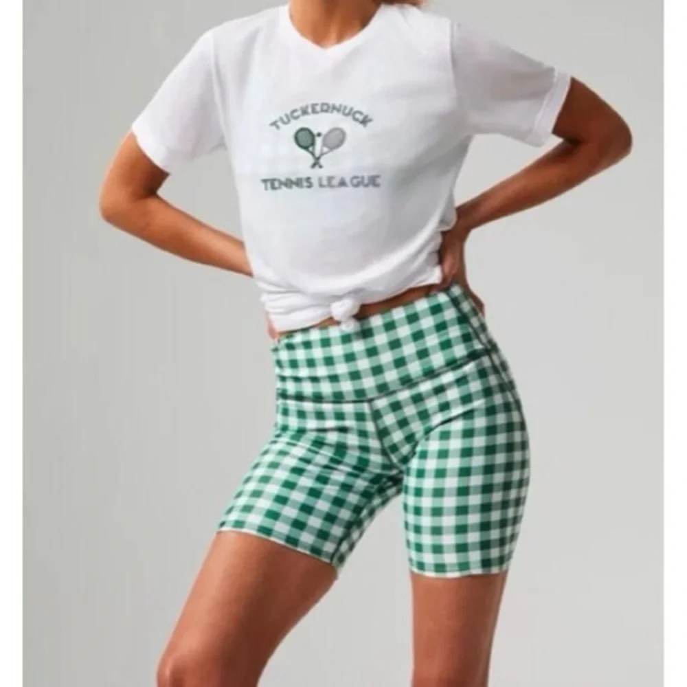 Tuckernuck Trellis Gingham Biker Shorts S NWT Green White 6” High Waist Pockets