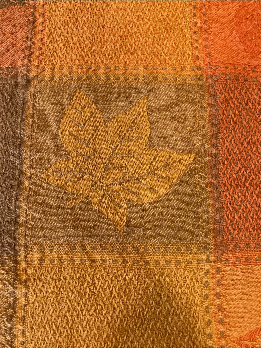 Fall Autumn Plaid Tablecloth Cotton Leaves Orange Brown 71 x 52”