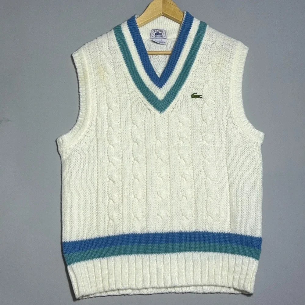 Izod Lacoste Cable Knit Vintage Sweater Vest Mens Size Medium White Preppy