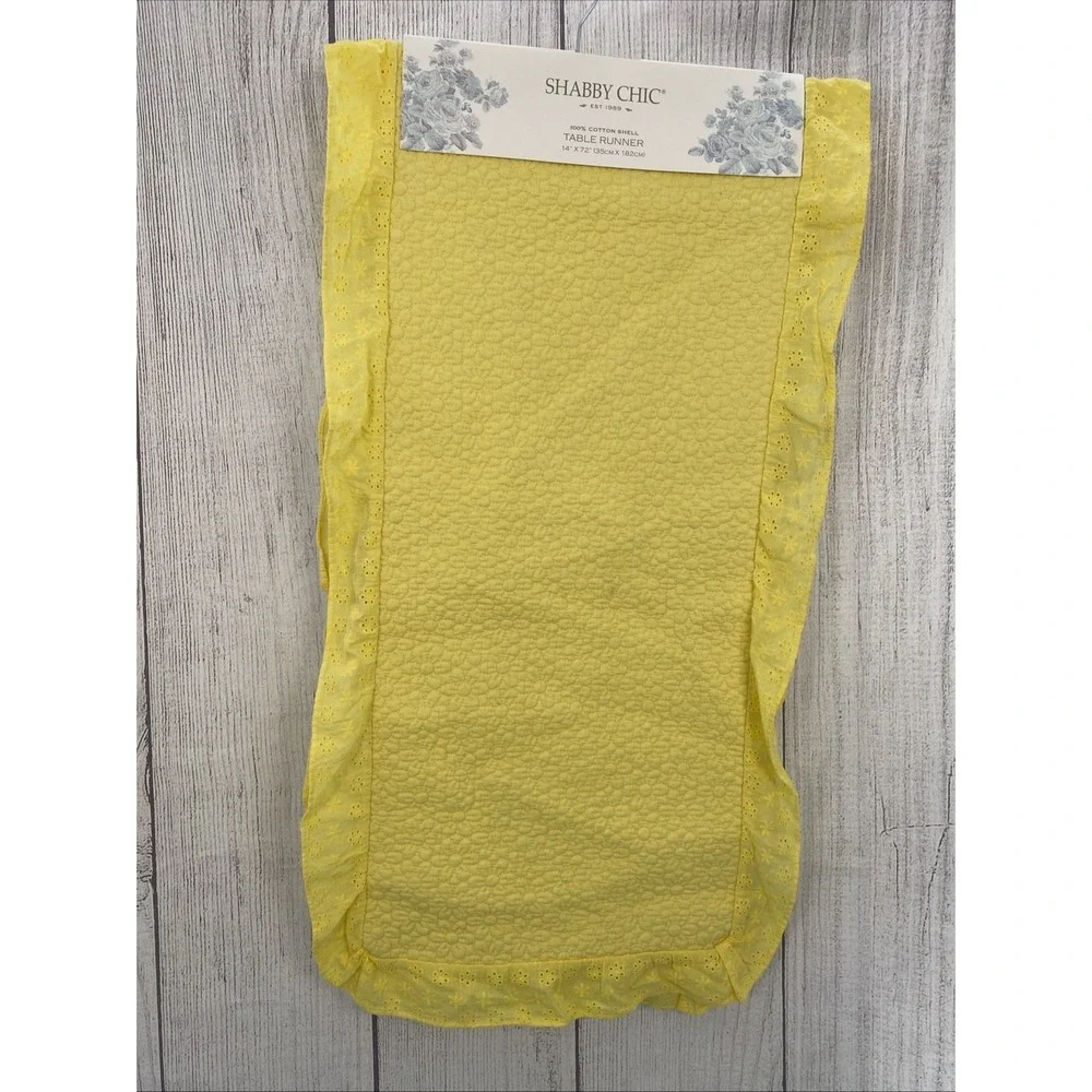 Shabby Chic Table Runner 14x72 Yellow Quilted Daisies Eyelet Trim 100% Cotton