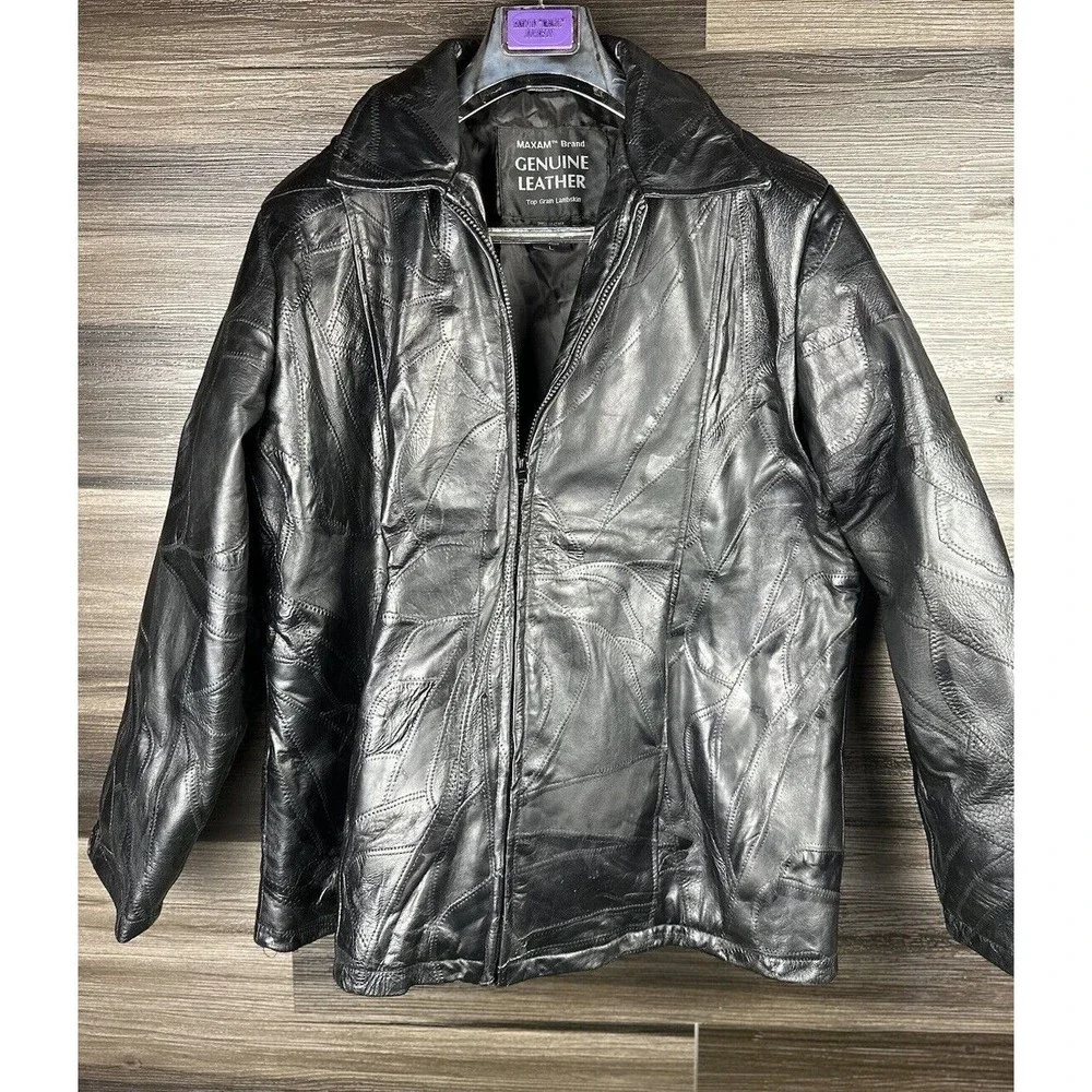 Vintage‎ Maxam Brand Leather Jacket Mens L Black Italian Mosaic Grain Lambskin