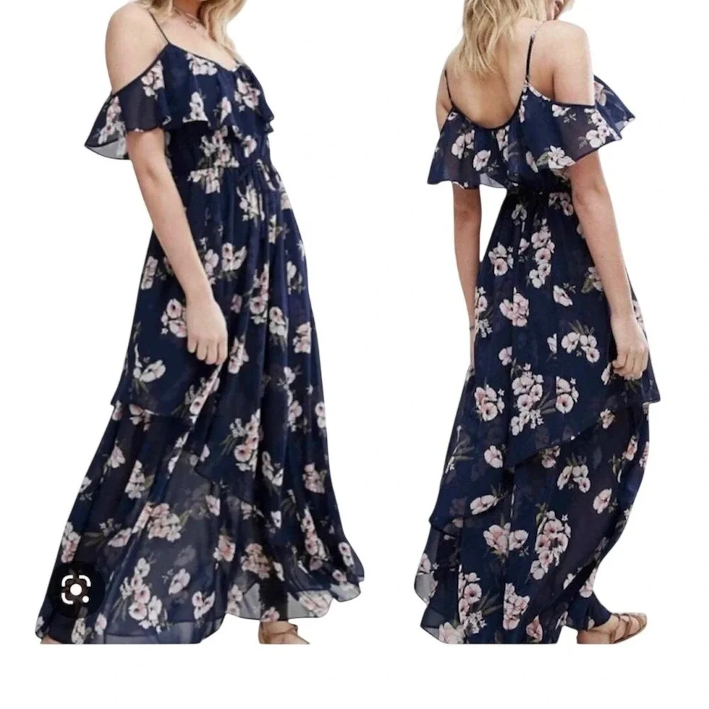 Abercrombie Fitch Women‎ Dress Size M Navy Floral Cold Shoulder Ruffle Maxi Wrap