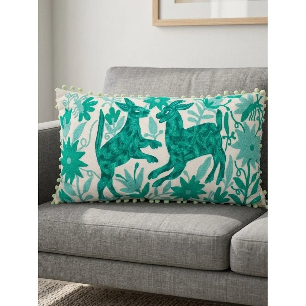 Karma‎ Living Teal Otomi Embroidered Lumbar Pillow Pom Pom Trim Cotton 12x20