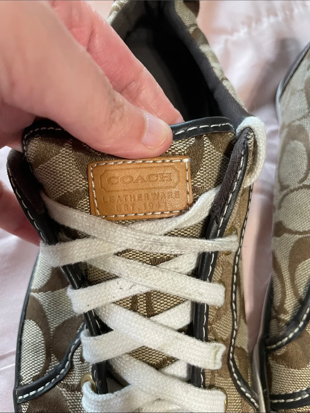 Coach Barrett Khaki Monogram Canvas Sneakers Leather Black Trim Size 10.5