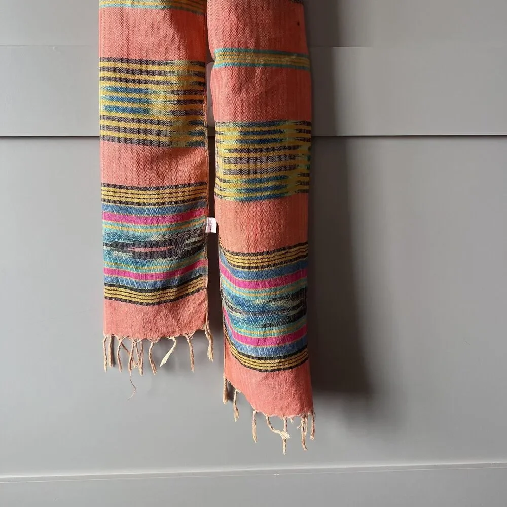IDEA'S Scarf Womens One Size Orange Multi Color Striped Woven Fringed India Boho
