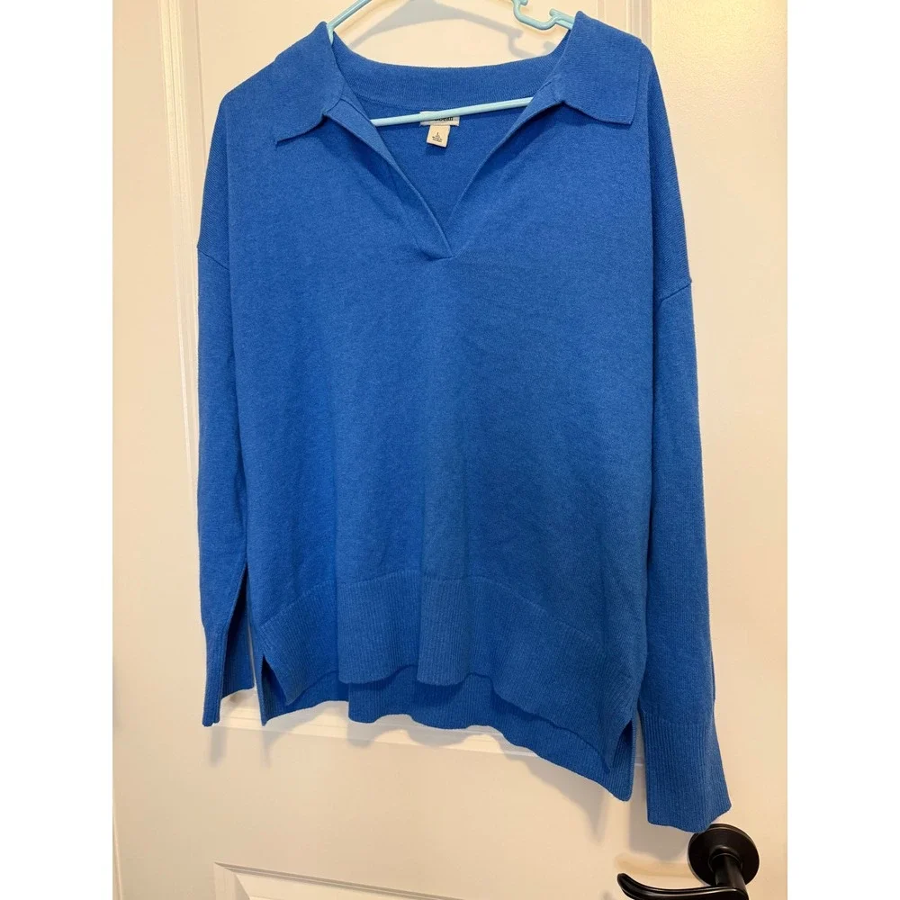 L.L. Bean Polo Sweater Womens L Blue Excellent Cotton Cashmere V-Neck 521742
