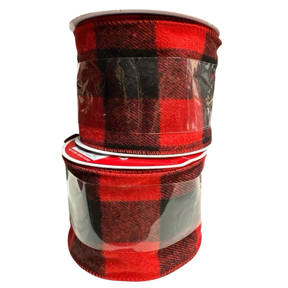 2Pcs Black Red Check‎ Wired Ribbon 3.5