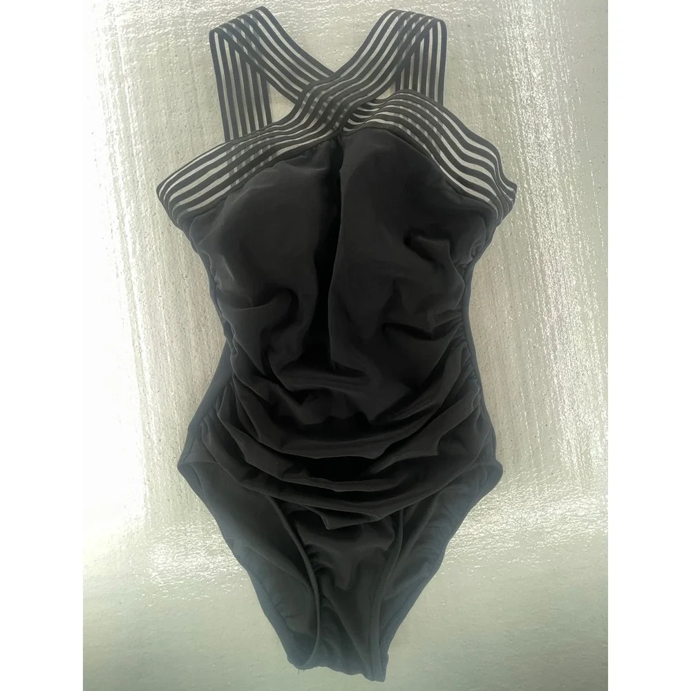 Aqua Green One Piece Swimsuit‎ Tummy Control Ruched Black Lined Size Small