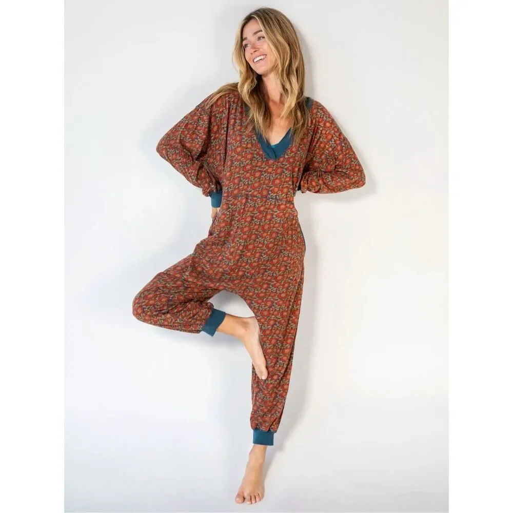 Natural Life Jumpsuit Johnnie Cotton Boho Oversized Ditsy Floral Blue Red Vines