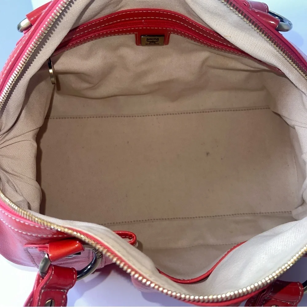 MCM Orange Patent Leather Top Zipper Silver Studded Accent Satchel/Handbag‎ 🧡