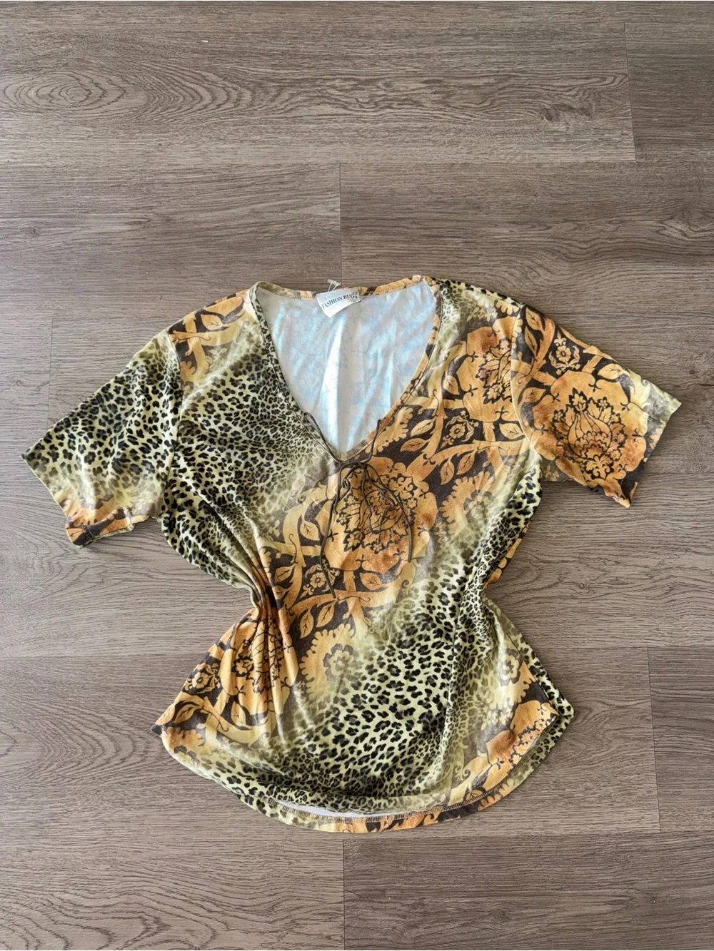 Fashion Bug Vintage Floral & Animal Cheetah Print Lace-Up Women's Blouse Mustard