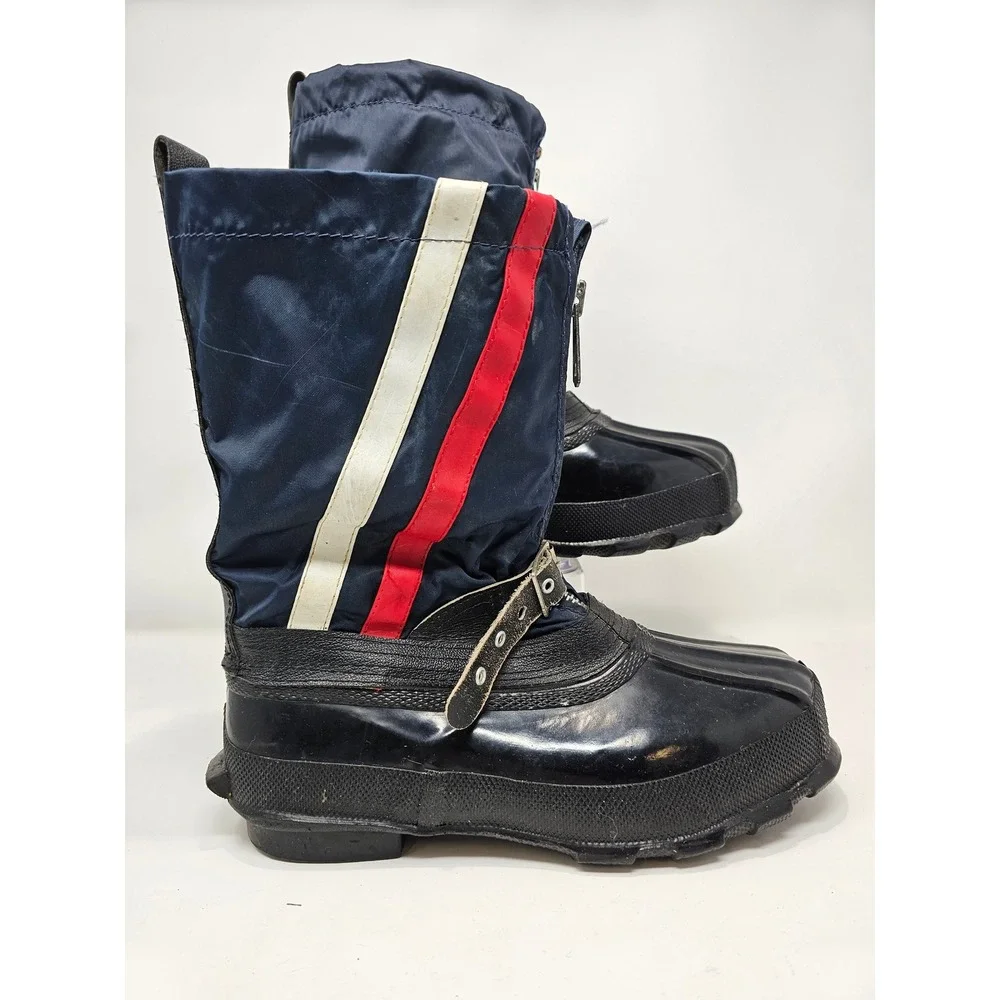 Mens‎ Navy Blue Winter Snow Boots Size 8 Rubber Lower Nylon Upper Stripe Accents