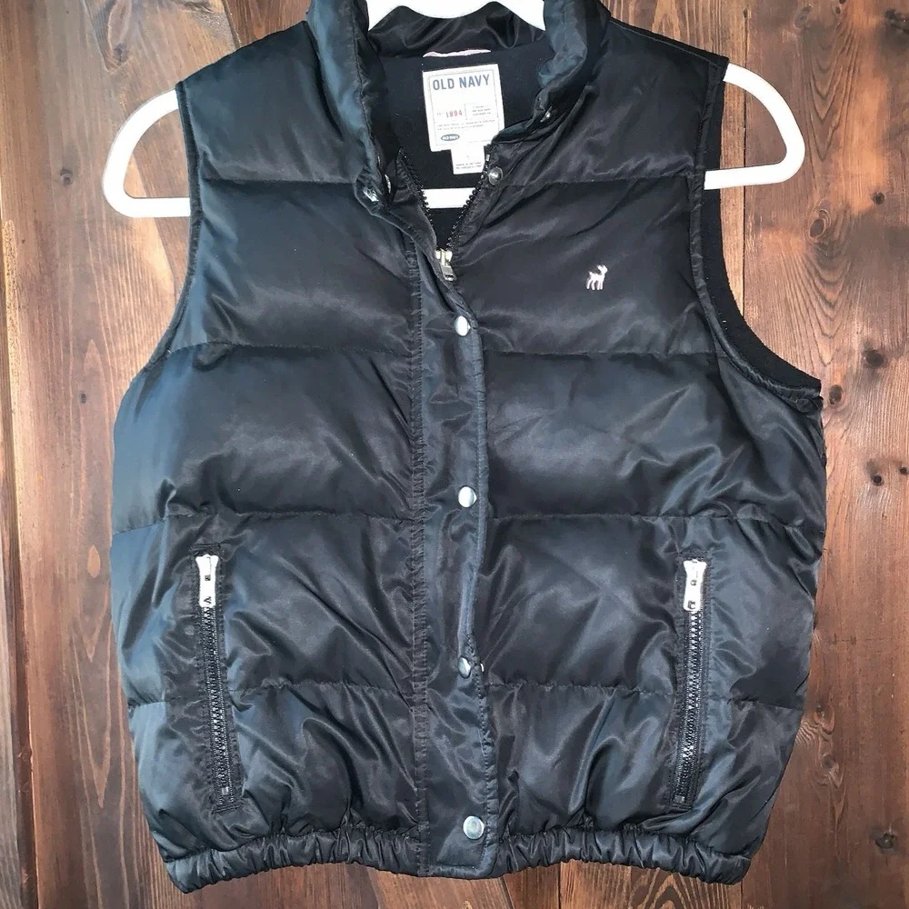 Old‎ Navy Girls Down Puffer Vest S Black Quilted Sleeveless Pink Deer Snaps Zips