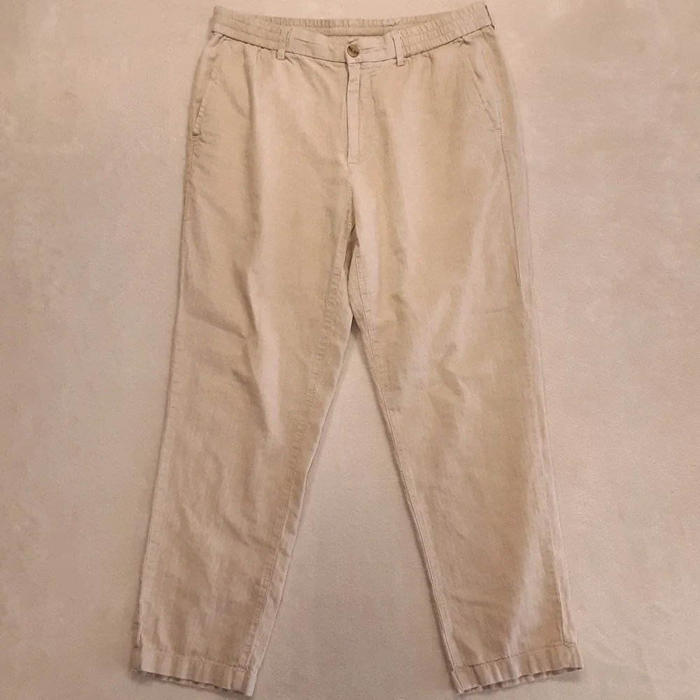 Banana Republic Mens Mason Athletic Tapered Pants 34x30 Beige Cotton Linen