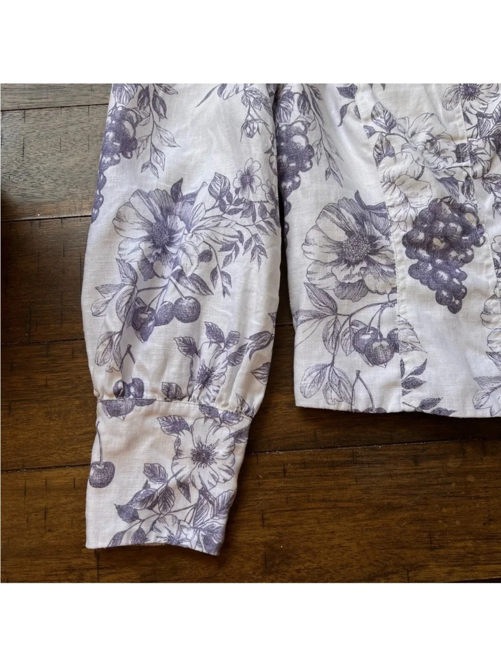 REFORMATION Blouse Top Carla Stilton Linen Puff Sleeve Floral Print White Blue 2