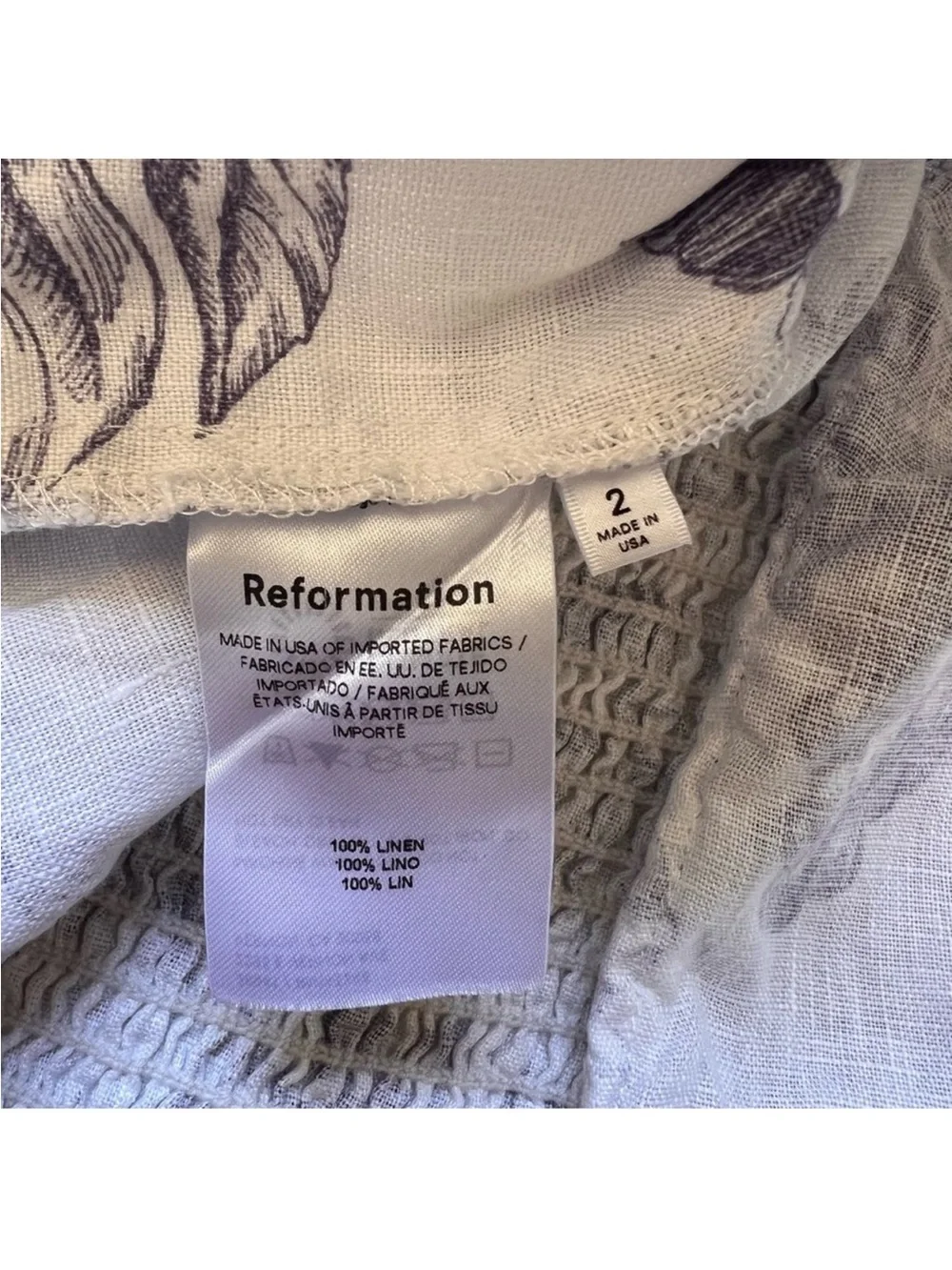 REFORMATION Blouse Top Carla Stilton Linen Puff Sleeve Floral Print White Blue 2