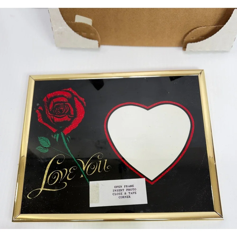 VTg Love You Red Rose Heart Glitter Glass Picture Frame Gold Tone Trim 10