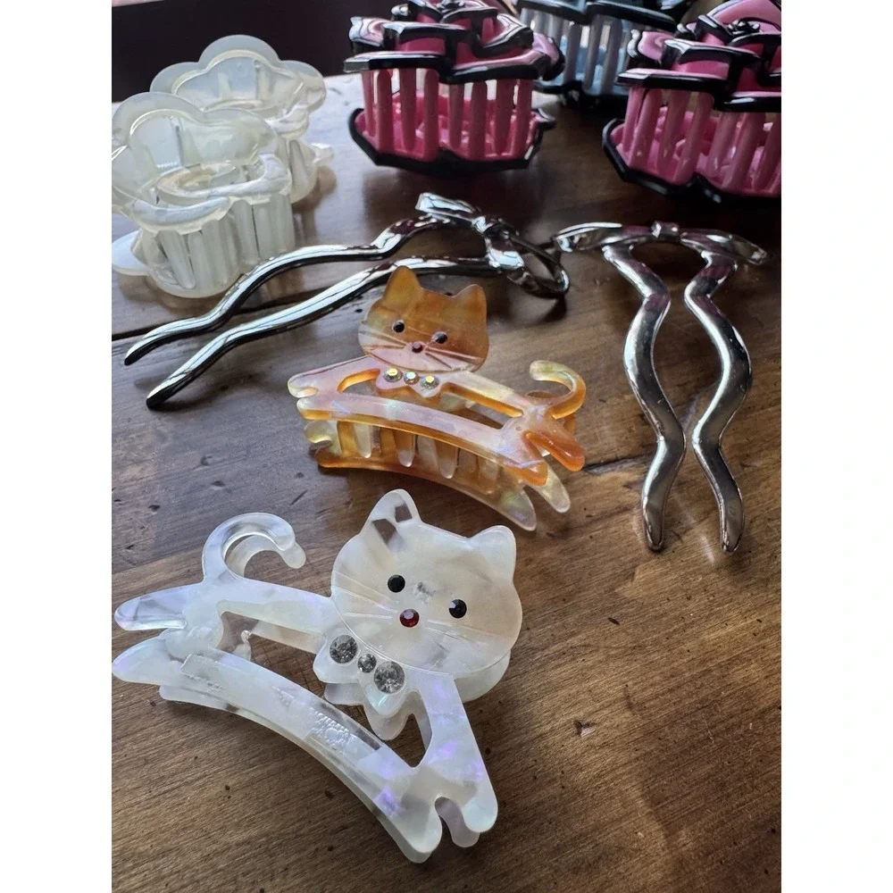 12pc Hair Clip Bundle Rose Enamel Claw Clip Cat Bow Stick Pin Coquette Kawaii