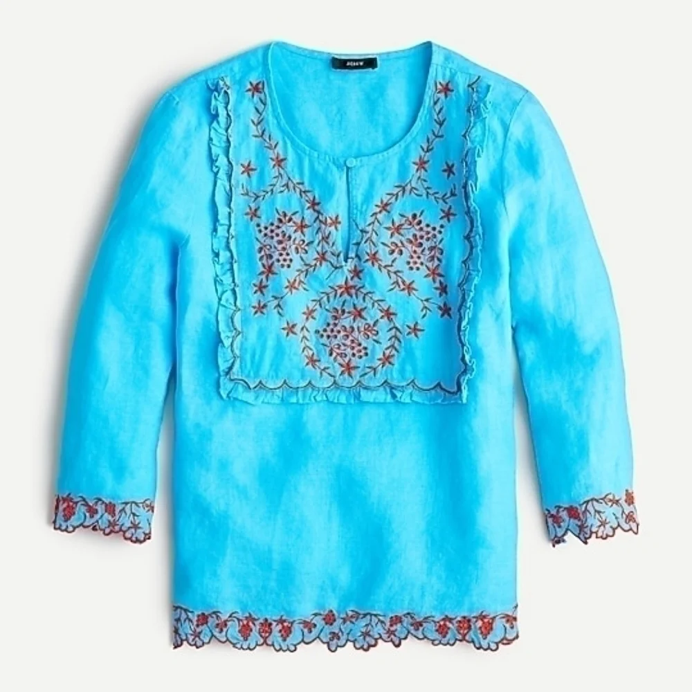 J. Crew Embroidered Linen Tunic Monaco Blue