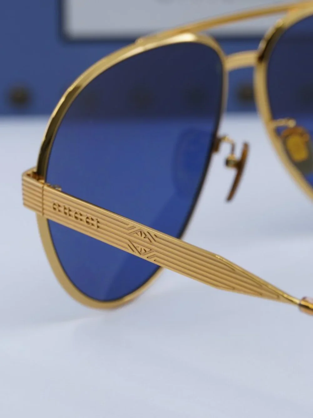 Gucci GG1513S 005 Aviator Sunglasses - Gold\Blue with Gold Logo Mirror